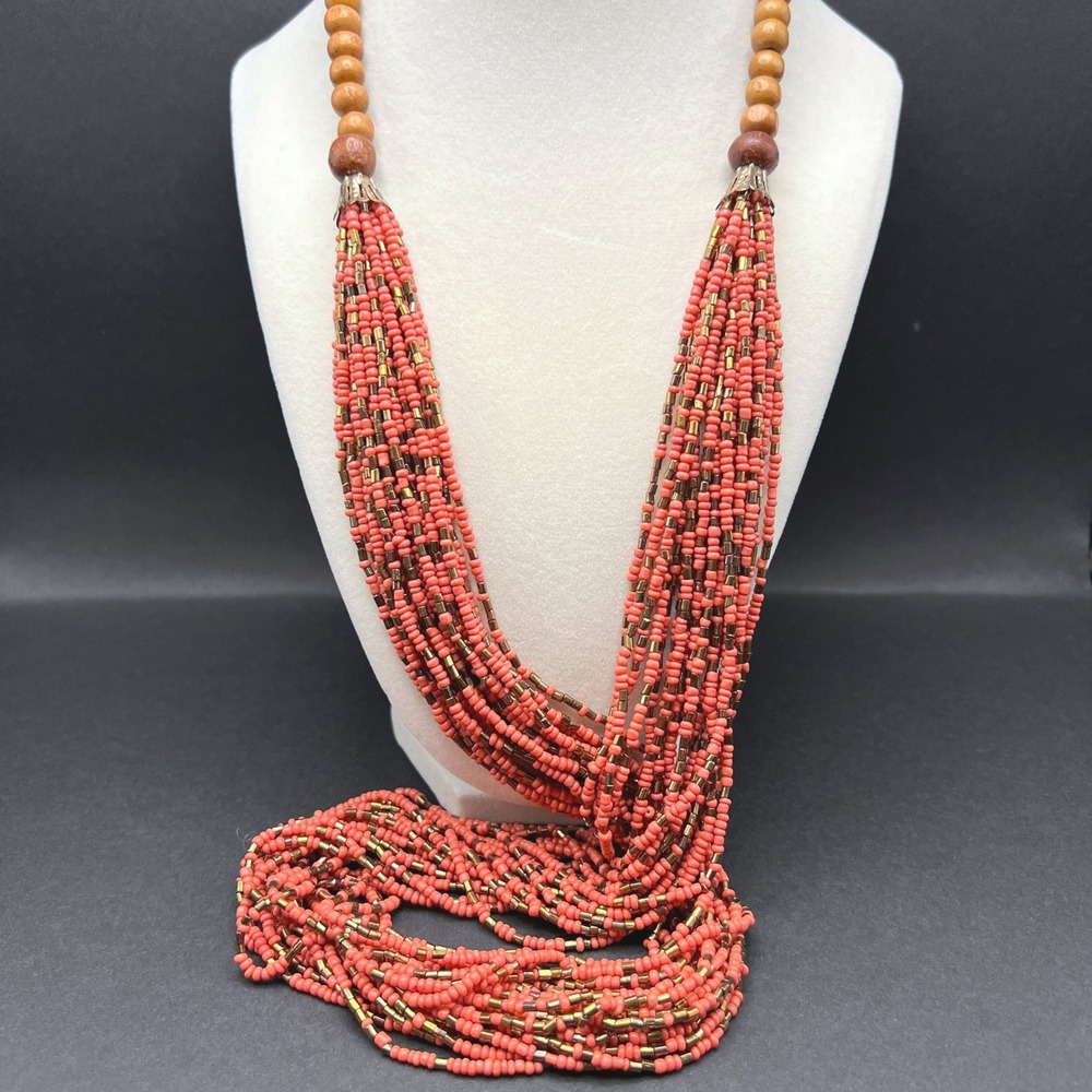 Multi Strand Seed Bead Necklace Orange Rust Brown Wood Drapey Boho Statement